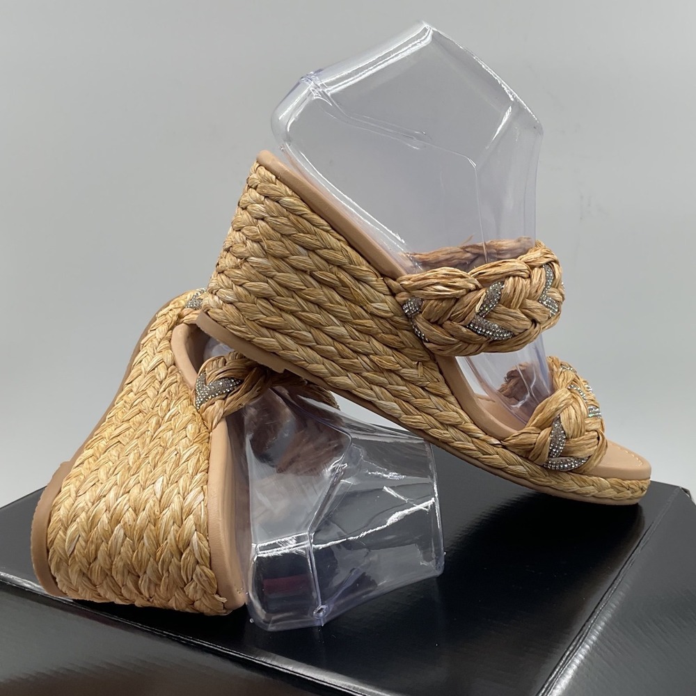 Stuart Weitzman Braided Raffia Crystal Wedge Sandals Natural Tan Women Size 8 - Picture 7 of 14